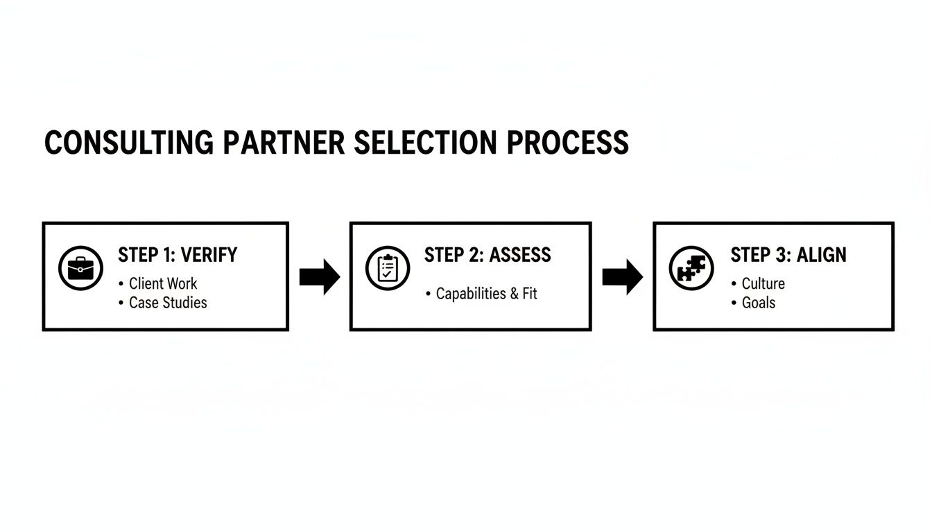 Flowchart outlining a three-step consulting partner selection process: Verify, Assess, and Align, with key criteria for each.