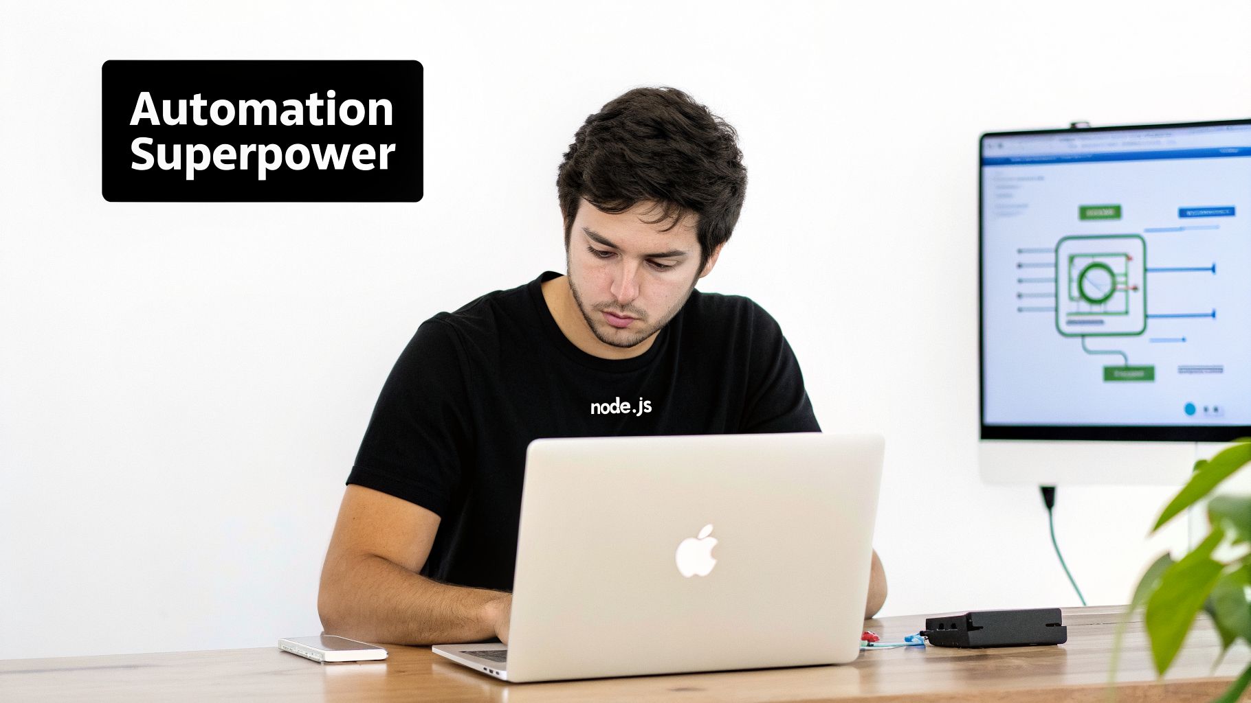 A Node.js developer works on a laptop, with text 'Automation Superpower' and a process diagram.