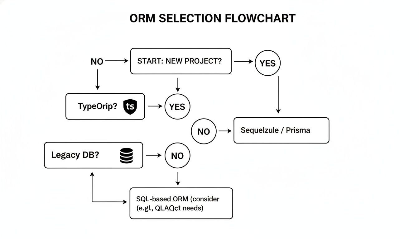 Flowchart outlining ORM selection steps for new and legacy projects, considering TypeOrm, Sequelzule, Prisma, and SQL-based ORMs.