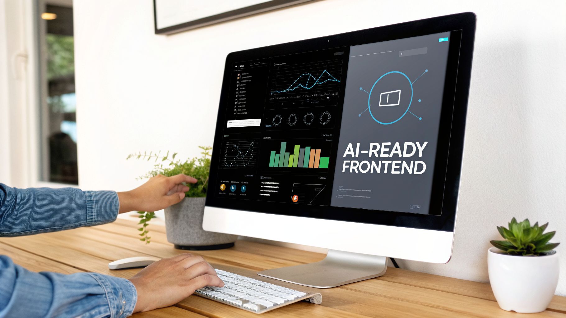Person hands on keyboard and mouse, working on a computer displaying an AI-ready frontend dashboard.
