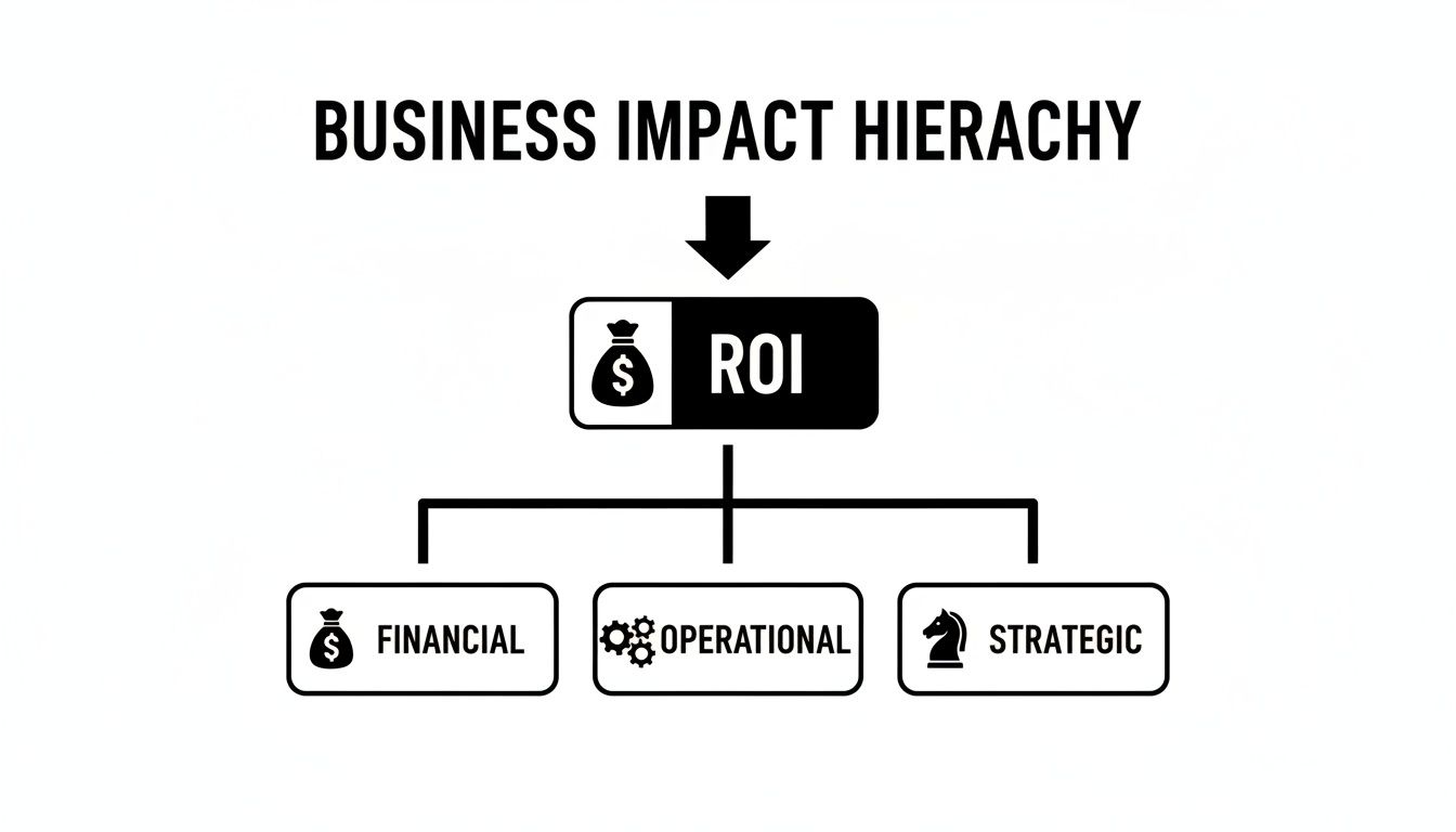 A business impact hierarchy diagram showing ROI at the top, supported by financial, operational, and strategic impacts.
