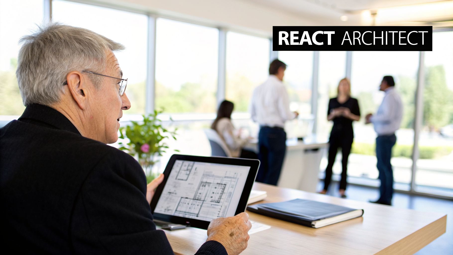 An older man reviewing blueprints on a tablet in an office, with 'React Architect' text.
