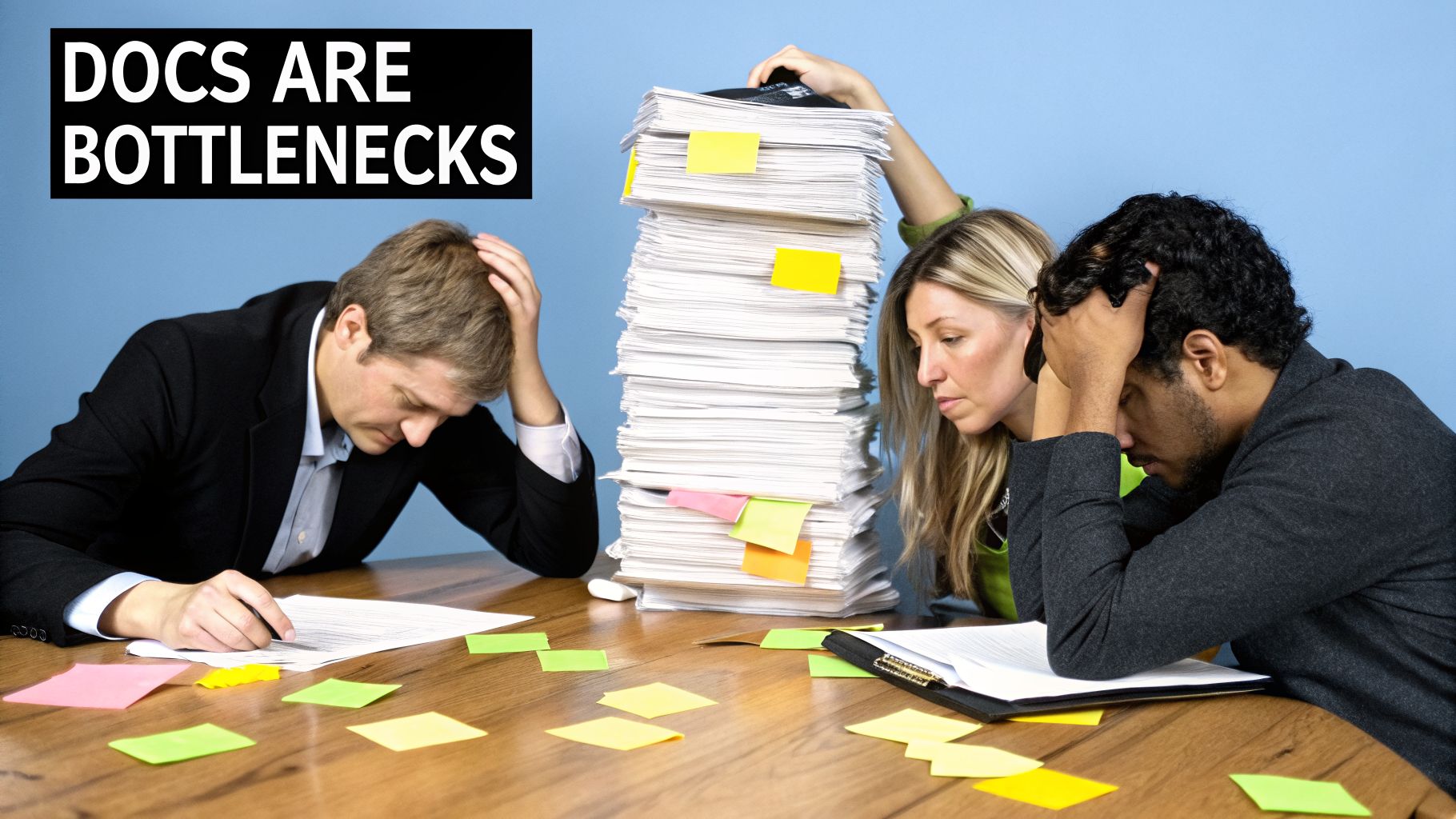 Three frustrated business people are overwhelmed by a huge stack of documents and many sticky notes, illustrating workflow bottlenecks.