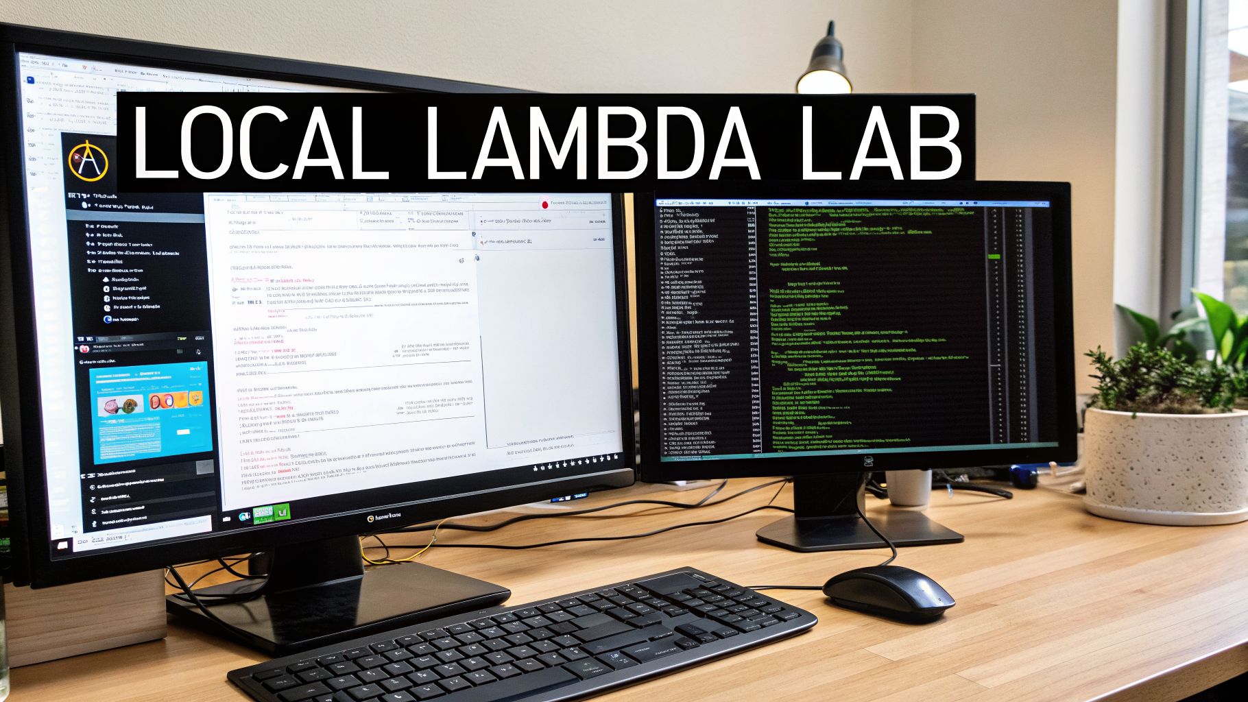 A desk with two computer monitors displaying code and web content, a keyboard, mouse, and a plant.