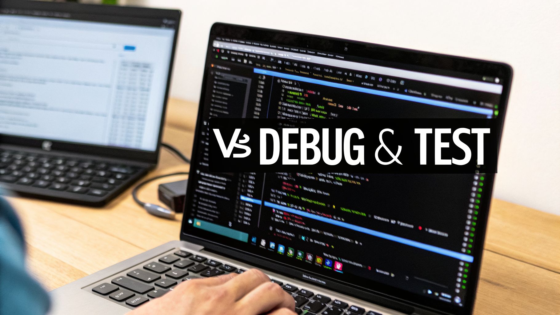 Developer working on two laptops, one displaying code with a 'VS DEBUG & TEST' banner.