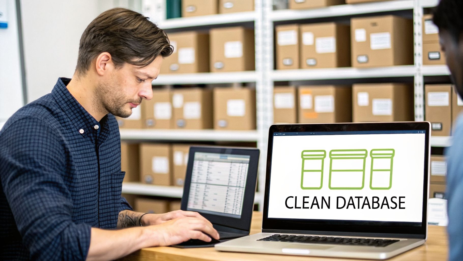 A man works on two laptops in a warehouse, one screen displaying 'CLEAN DATABASE' with container icons.