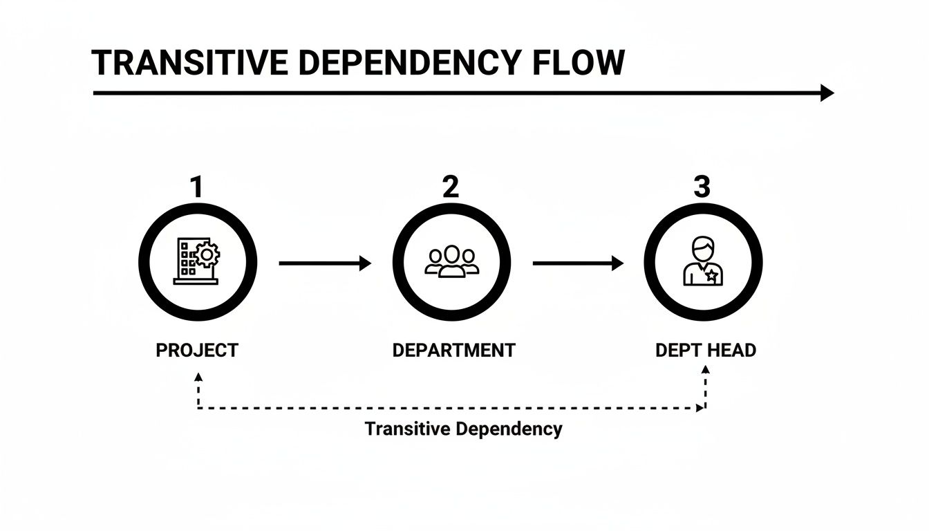 Diagram illustrating transitive dependency flow: Project links to Department, which links to Dept Head, showing indirect dependency.