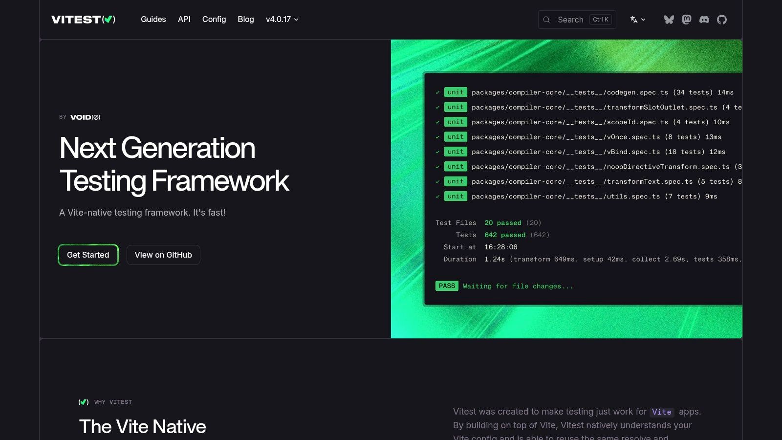 Vitest (Vite-native JS/TS test runner)
