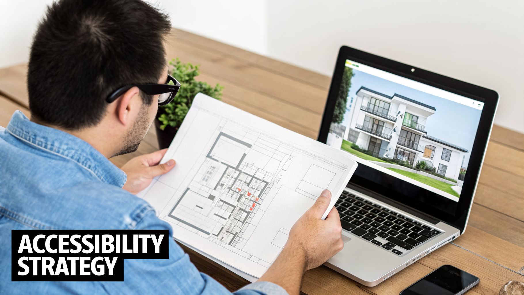 A man reviews building blueprints at a wooden desk with a laptop displaying a modern house. Text overlay: ACCESSIBILITY STRATEGY.