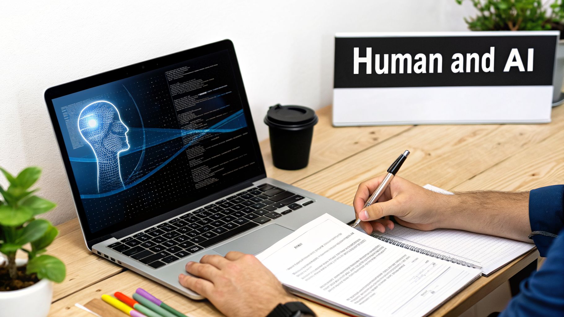 A person works at a desk with a laptop showing an AI graphic, writing notes, next to a "Human and AI" sign.