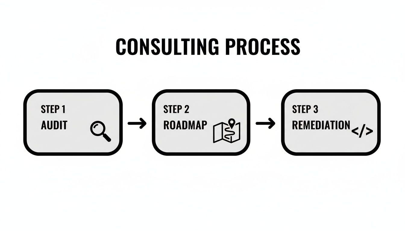 Infographic illustrating a three-step consulting process: Audit, Roadmap, and Remediation, each with relevant icons.