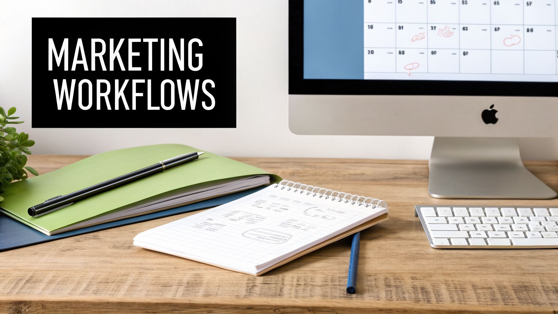A desk with a computer monitor showing a calendar, a notebook with notes, and a sign saying 'MARKETING WORKFLOWS'.
