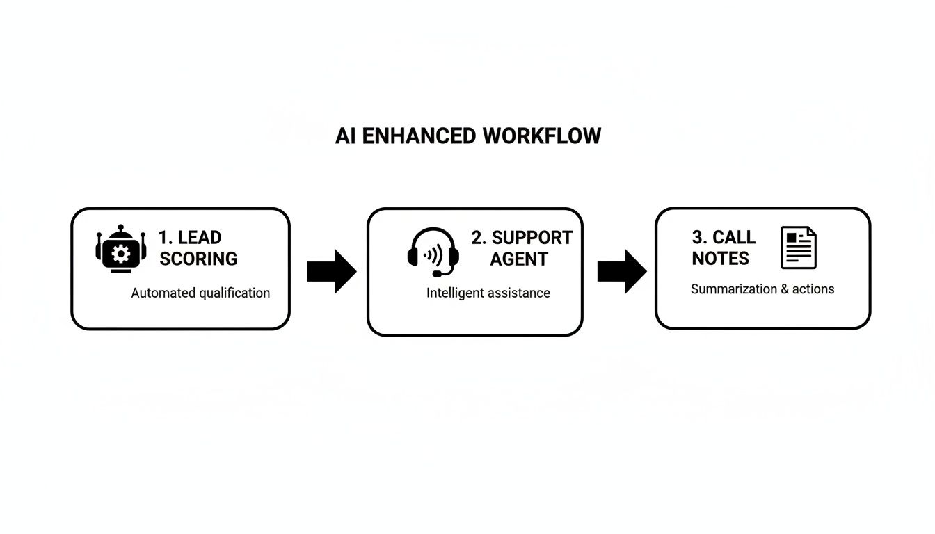 Diagram illustrating an AI enhanced workflow for lead scoring, support agents, and call note summarization.