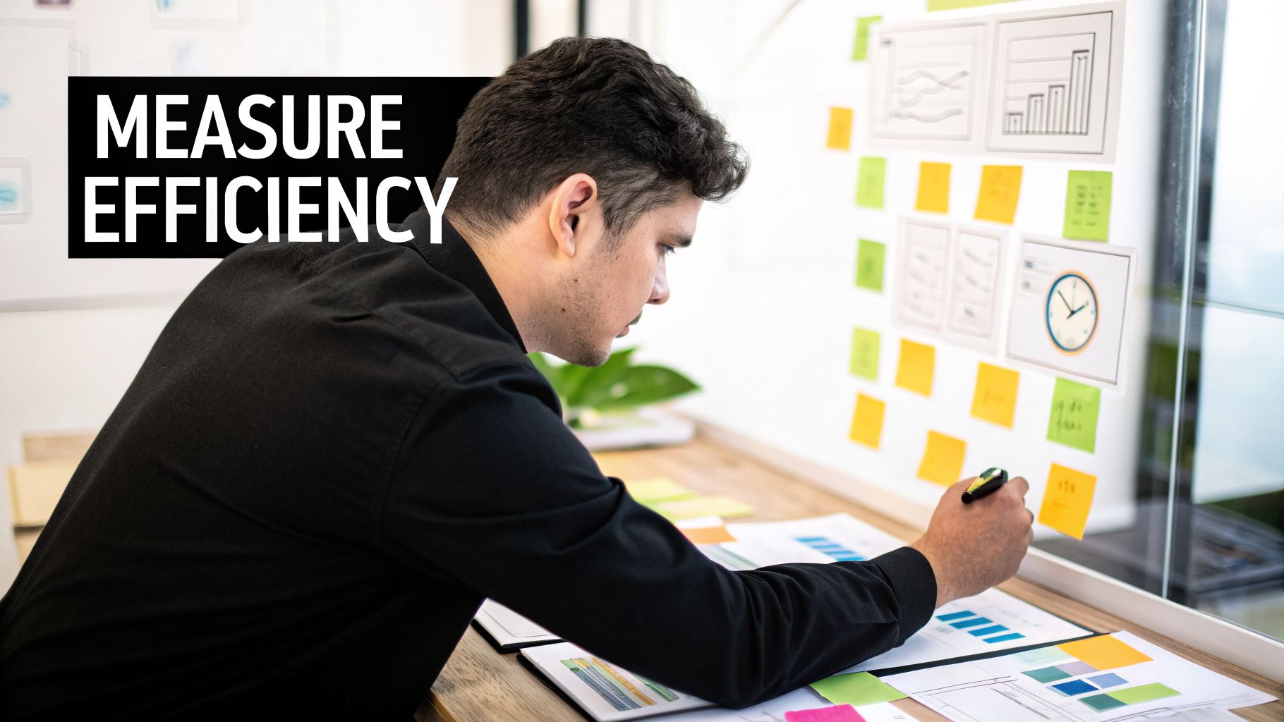 Side view of a man analyzing business data, charts, and notes for efficiency improvement.