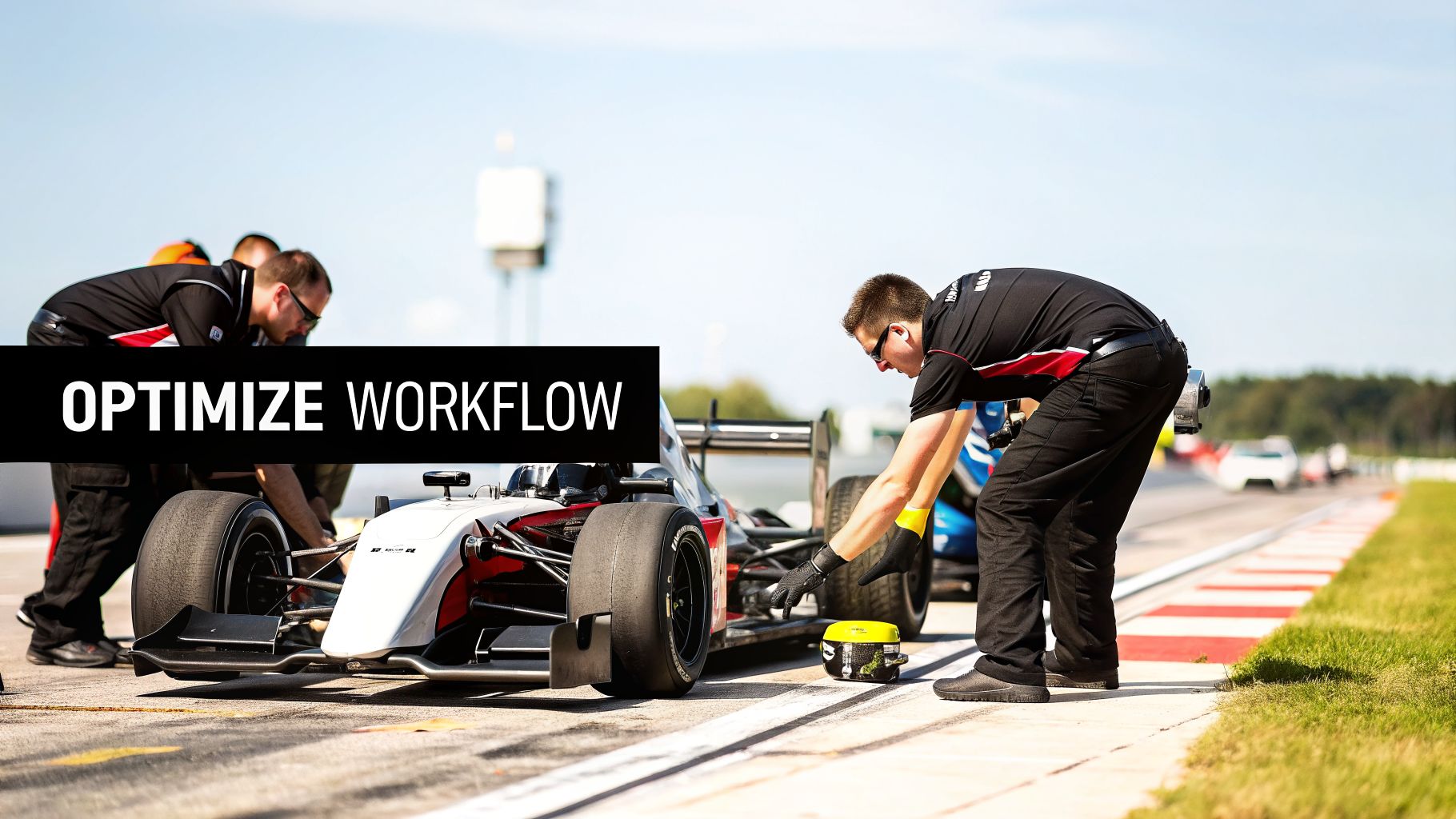 A pit crew of mechanics works diligently on a race car on a sunny track with 'OPTIMIZE WORKFLOW' text.