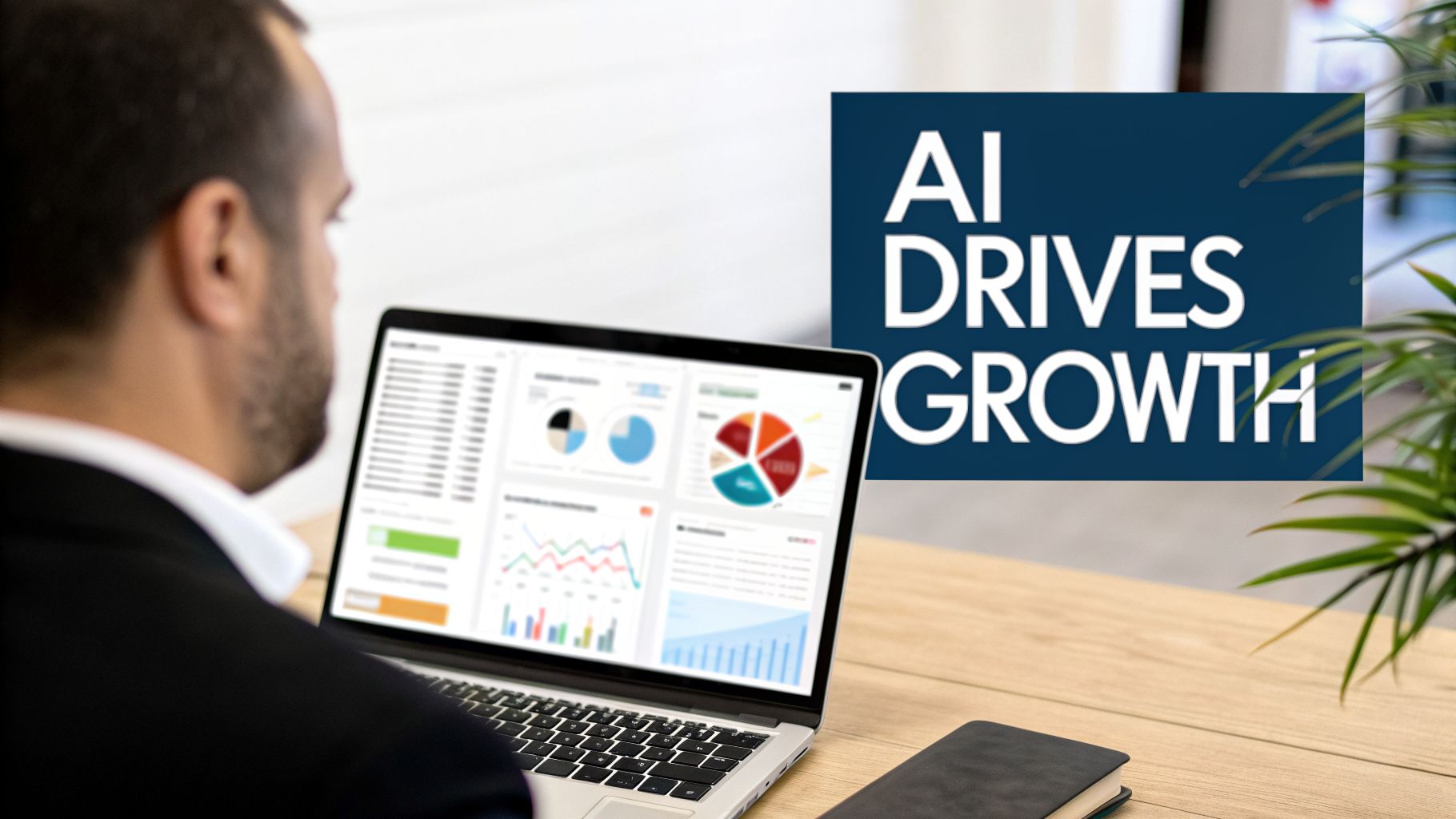 A businessman reviews data on a laptop screen, with a 'AI DRIVES GROWTH' sign in the background.