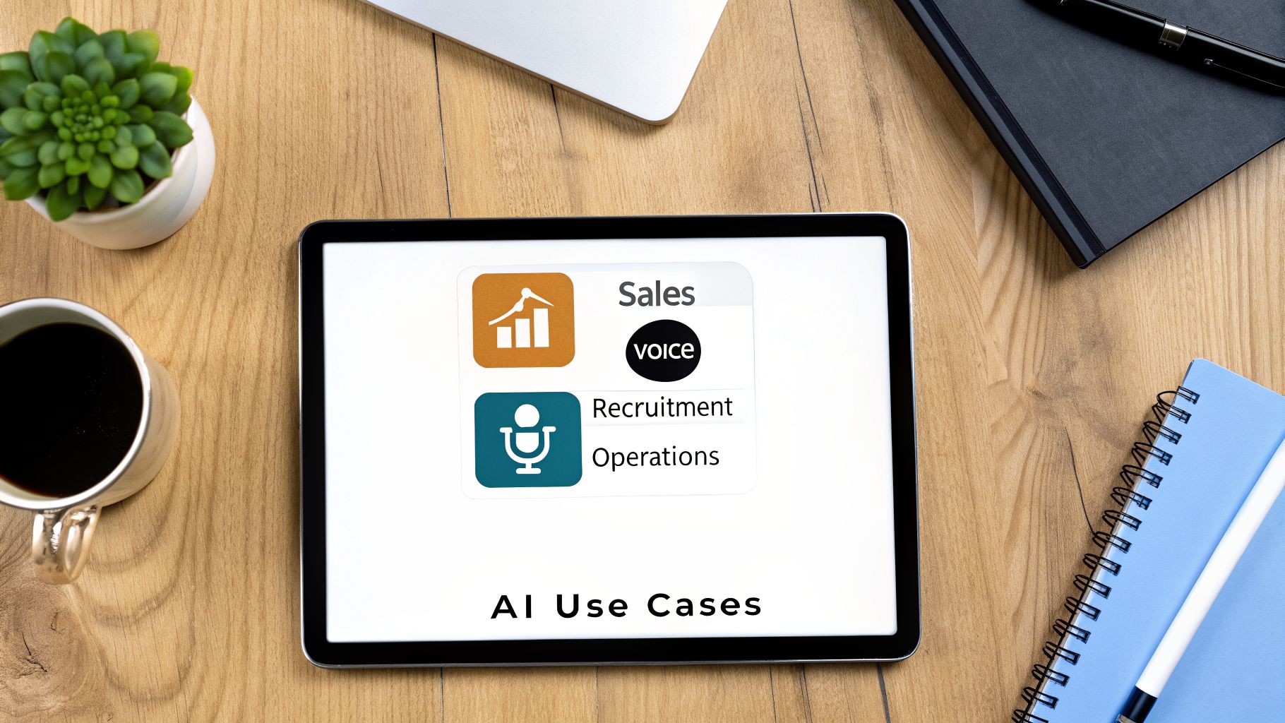 Digital tablet displaying 'AI Use Cases' for sales, recruitment, and operations on a wooden desk.
