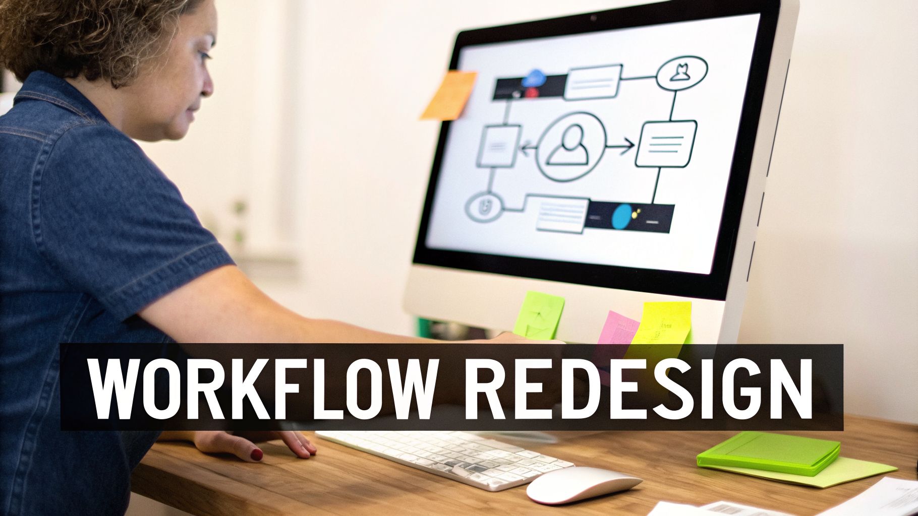 A woman reviews a workflow diagram on a computer screen, with sticky notes and a keyboard on a wooden desk.