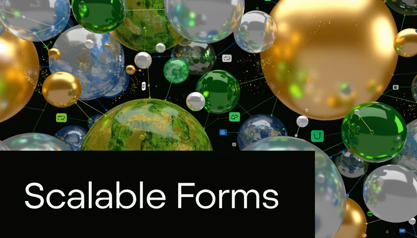 Abstract representation of interconnected data spheres with the text Scalable Forms overlaid on a black background.