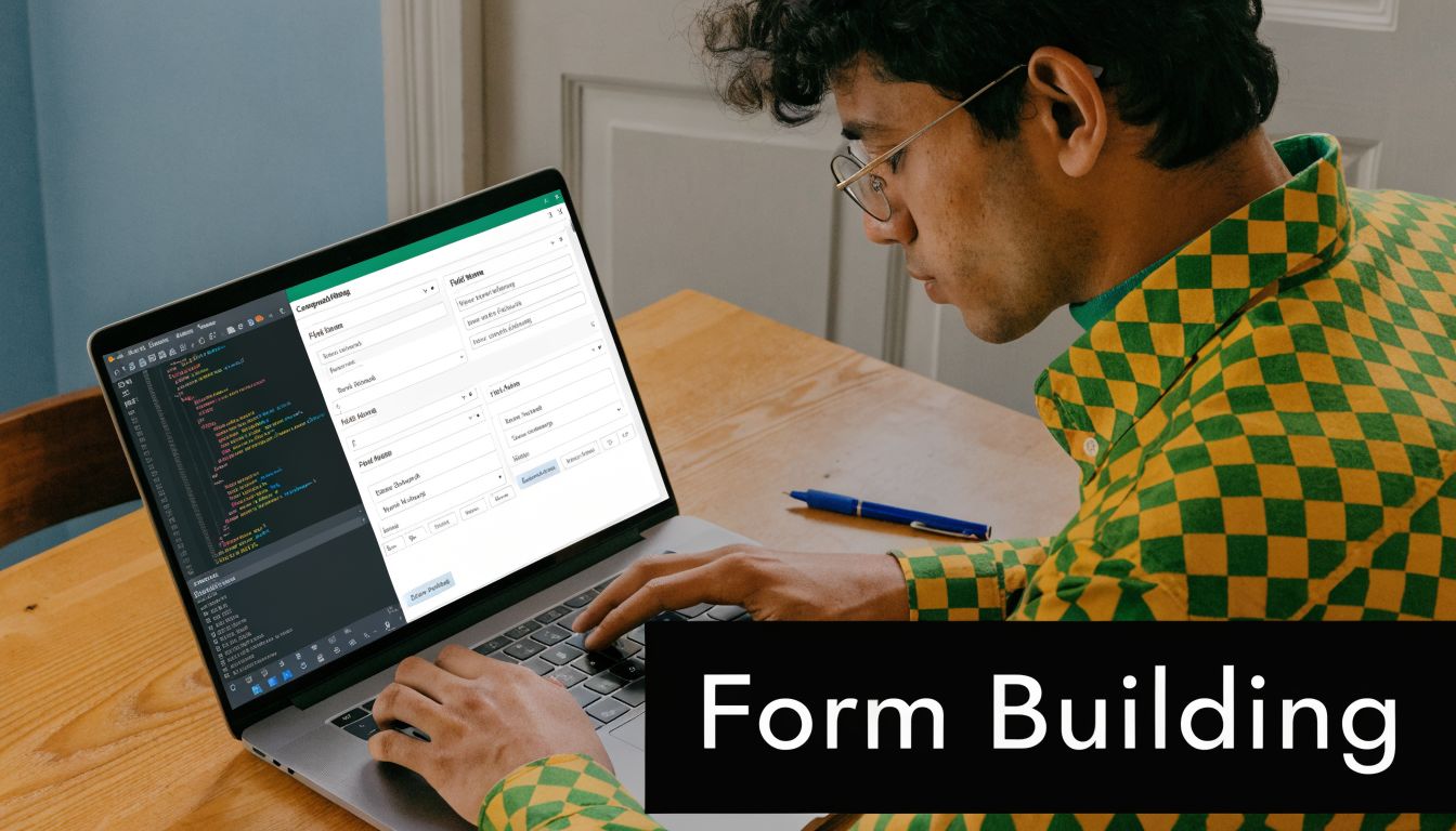 A developer working on an Angular dynamic form interface on a laptop computer at a wooden desk.
