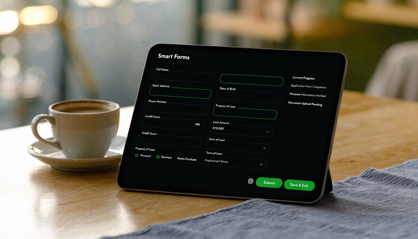 A digital tablet displaying an interactive loan application form interface on a wooden table beside coffee.