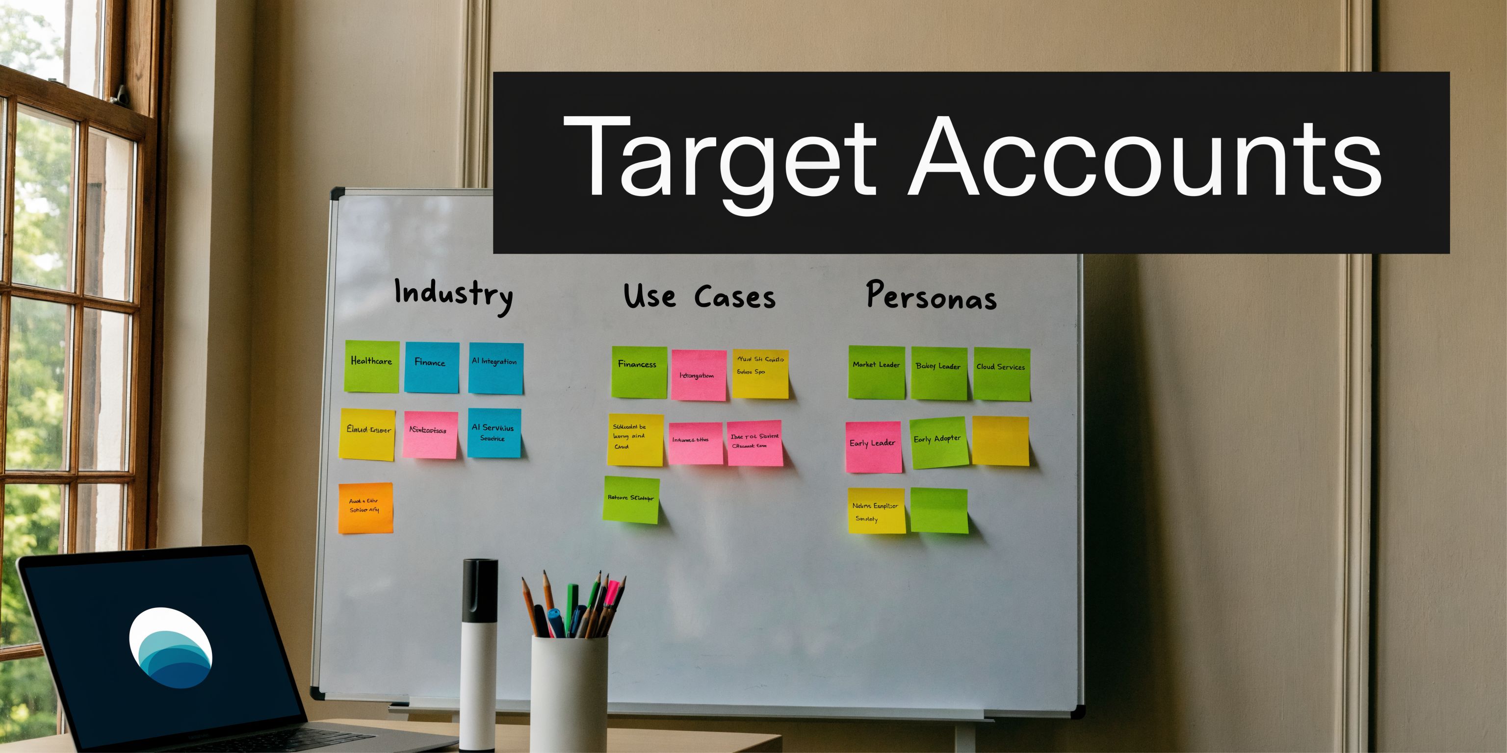 A whiteboard displays B2B target account strategies, including industry, use cases, and persona planning for lead generation.