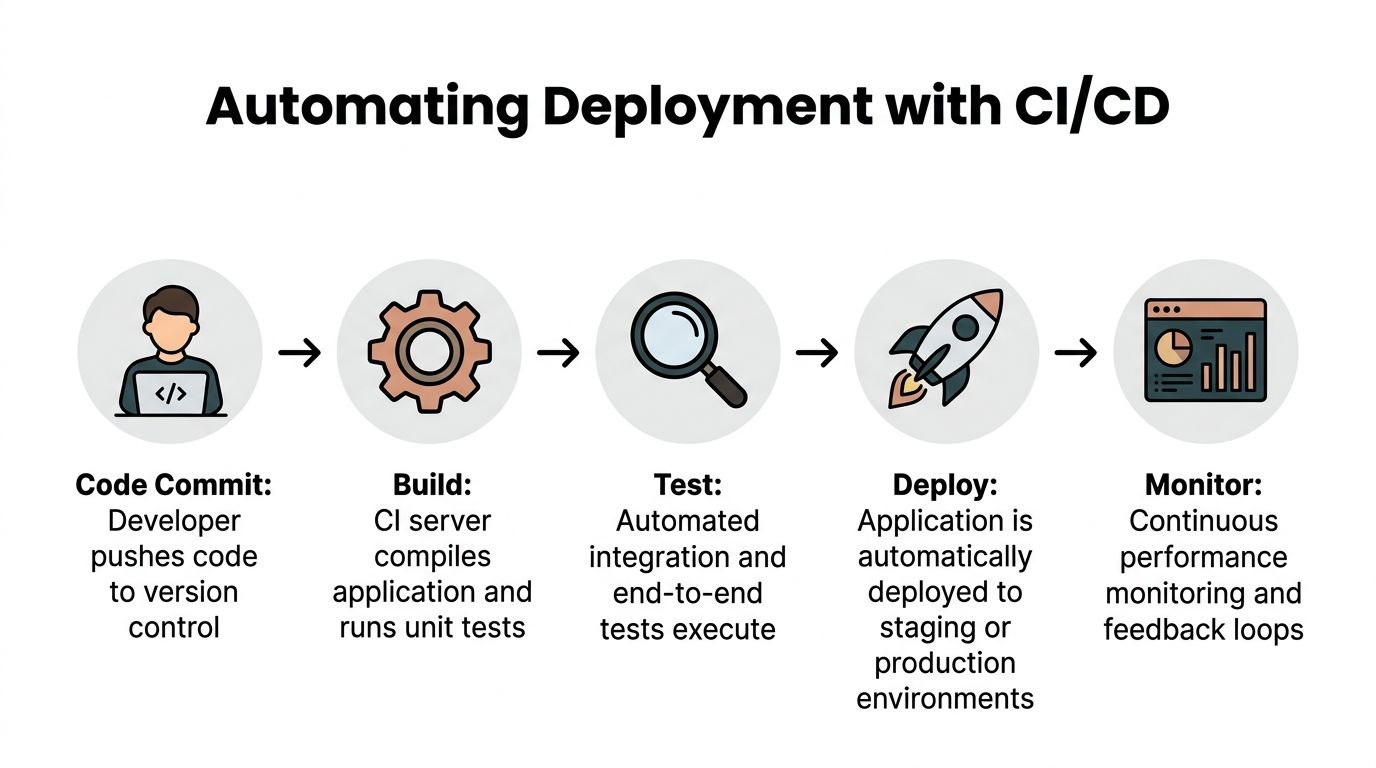 A diagram illustrating the automated deployment workflow of CI/CD from code commit to final monitoring.