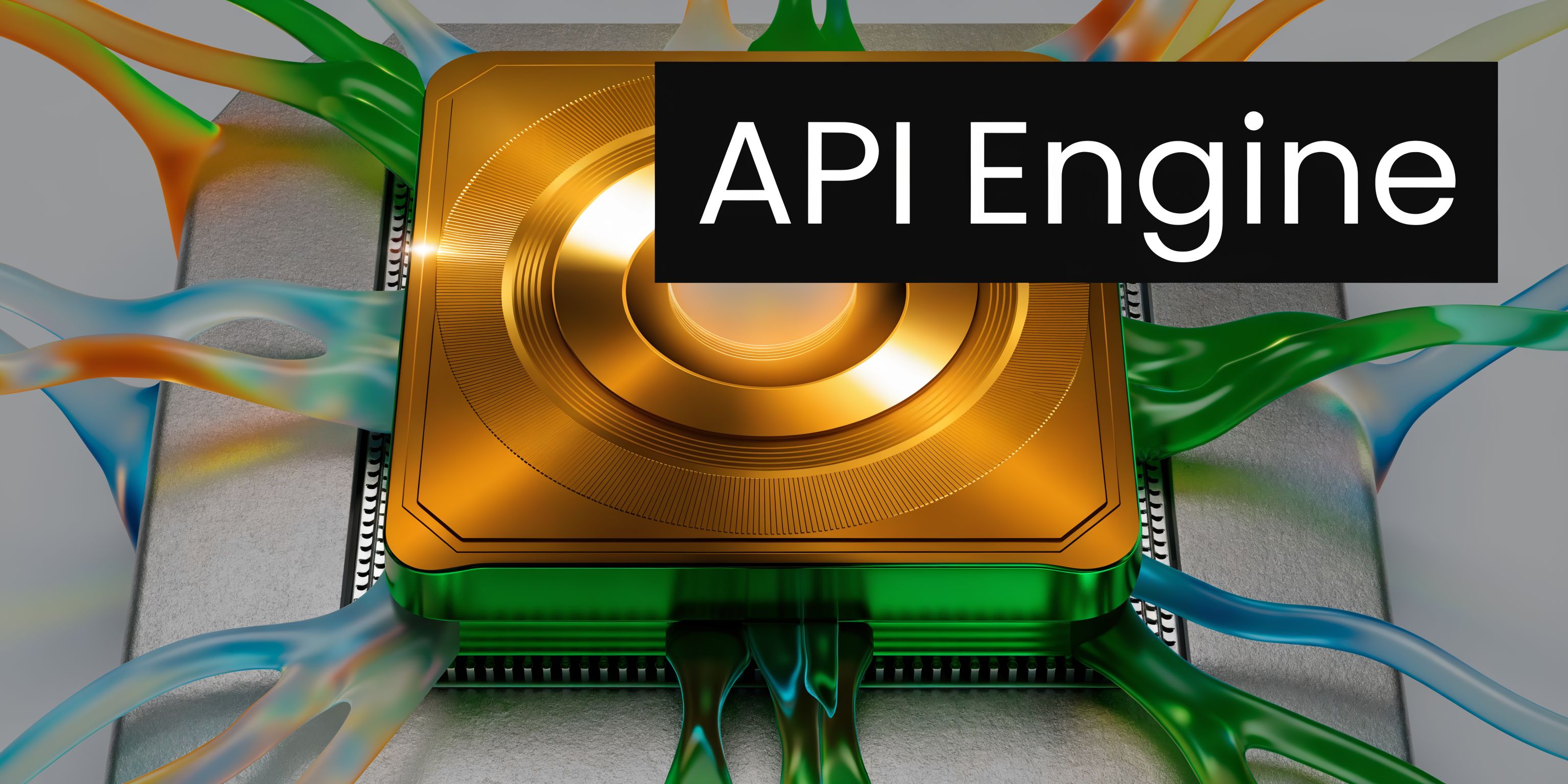 A 3D rendering of a central processing unit chip with vibrant, colorful cables flowing out representing connections.