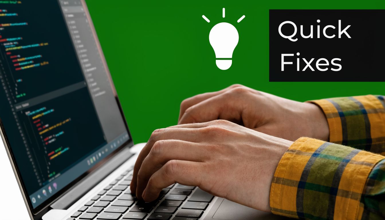 A developer typing on a laptop computer screen displaying lines of complex code with a lightbulb icon.