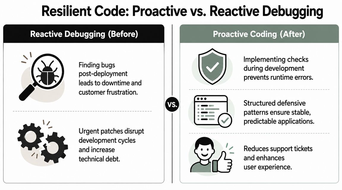 A comparison chart showing the differences between reactive debugging and proactive coding for software development.