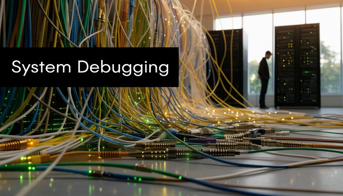 A technician working in a server room filled with tangled network cables and glowing status lights.