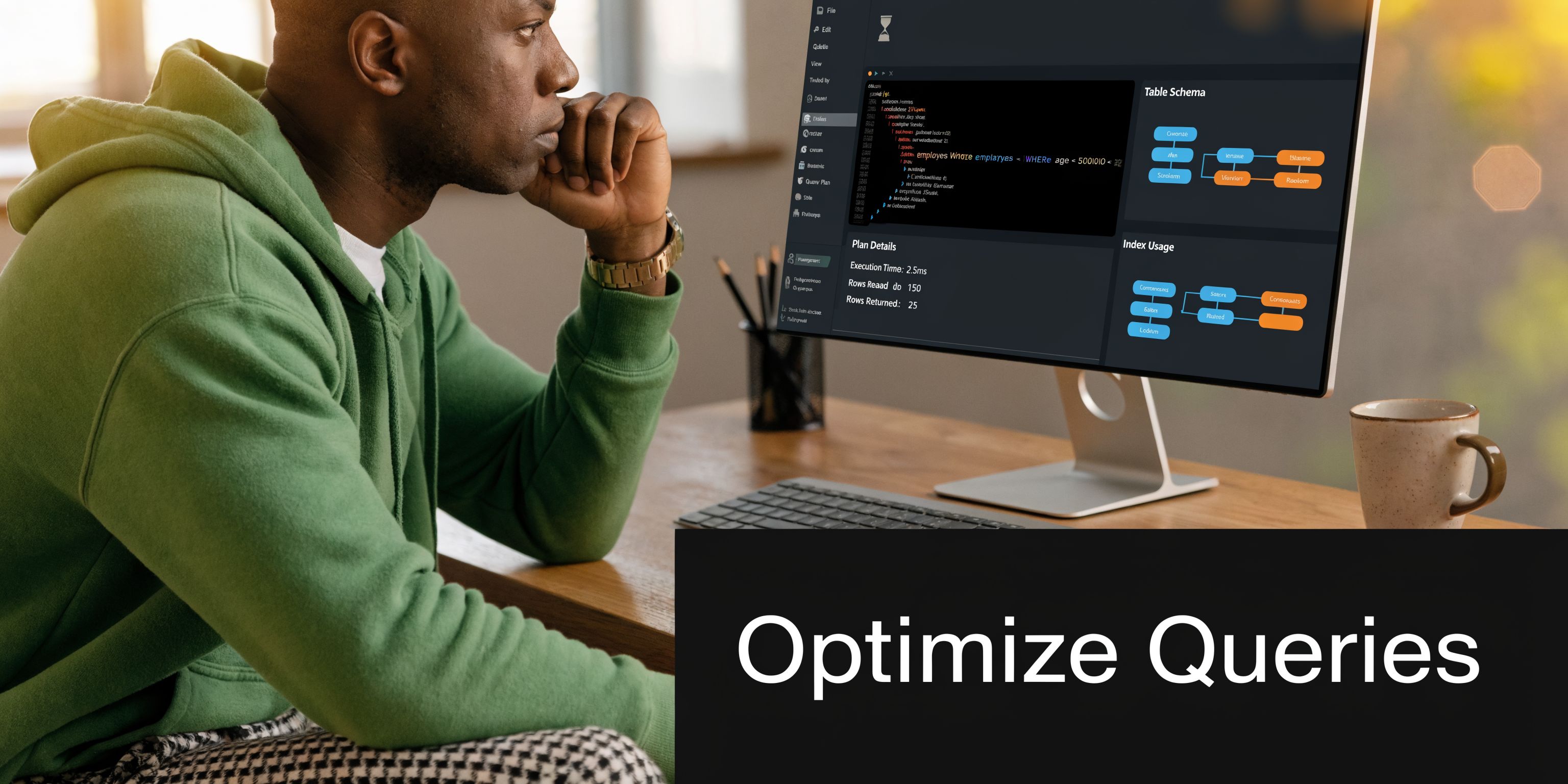 A person sitting at a desk looking at a computer screen showing database query optimization data.
