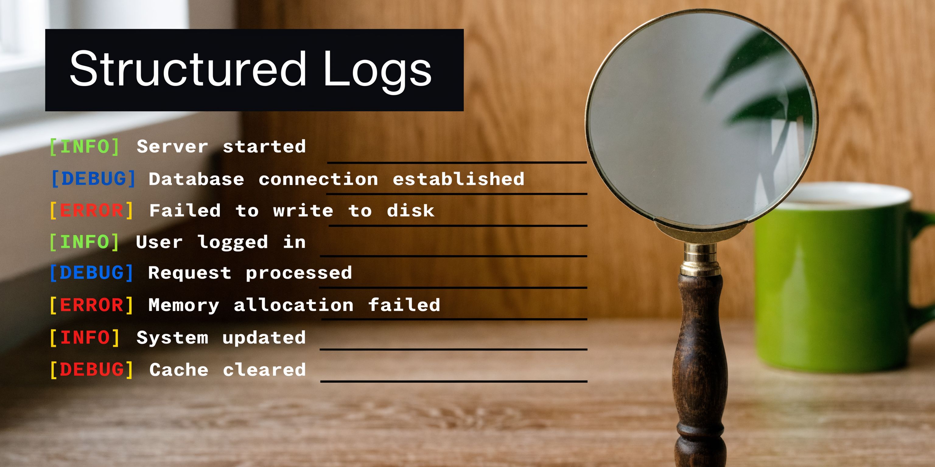 A magnifying glass resting on a wooden surface next to a list of structured log entries.