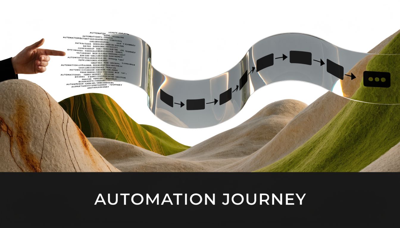 A conceptual illustration of an automation journey showing a process flow over stylized abstract terrain.