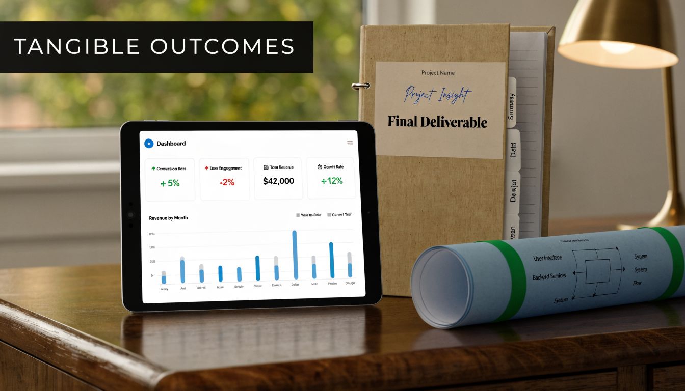 A tablet showing a business dashboard next to a project folder and architectural drawings on a desk.