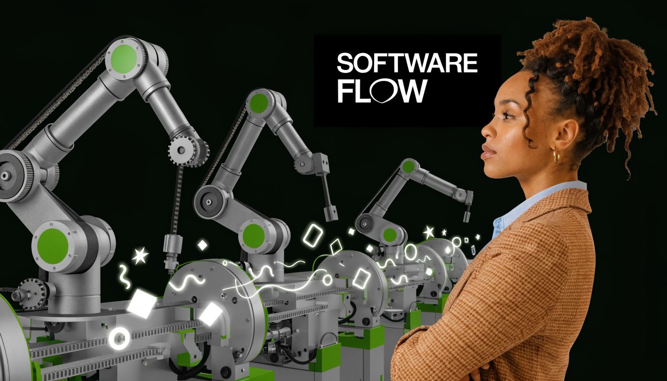 A professional woman looking at an automated manufacturing process with robotic arms and digital shape icons.