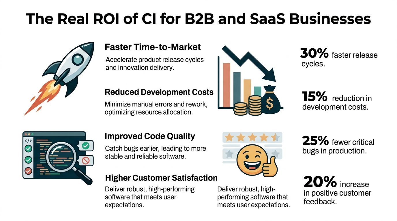 An infographic showing the benefits of continuous integration for B2B and SaaS businesses, including faster releases and improved quality.