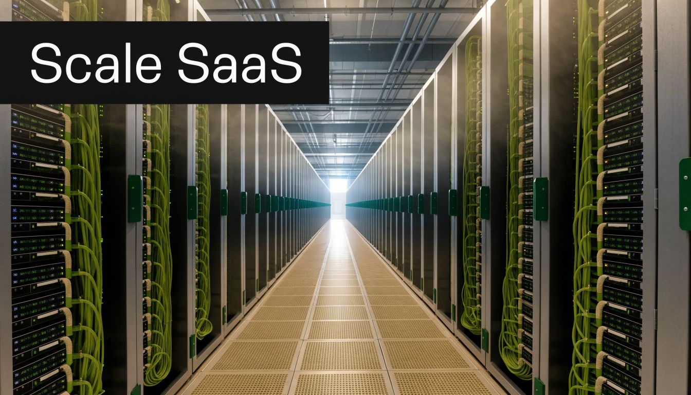 A long aisle inside a modern data center with server racks and bright green network cables.