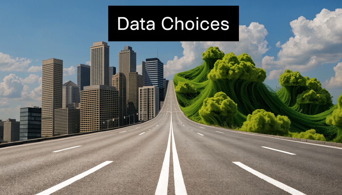 A highway leads toward a split horizon featuring a city skyline and stylized green, abstract nature elements.