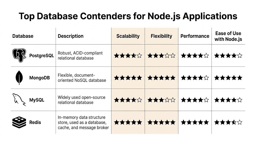 A comparison chart of top databases for Node.js applications including PostgreSQL, MongoDB, MySQL, and Redis ratings.
