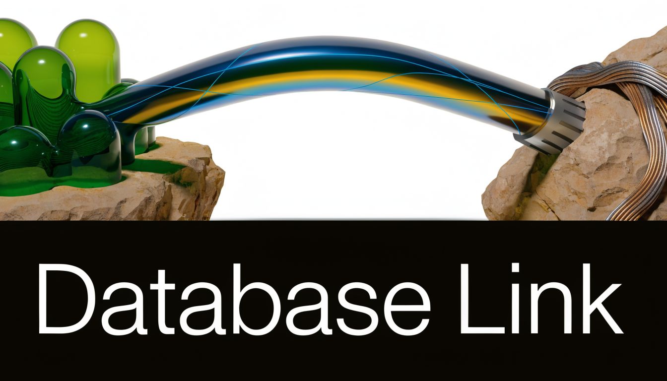An abstract illustration depicting a glowing blue and yellow conduit linking two rocks, labeled Database Link.