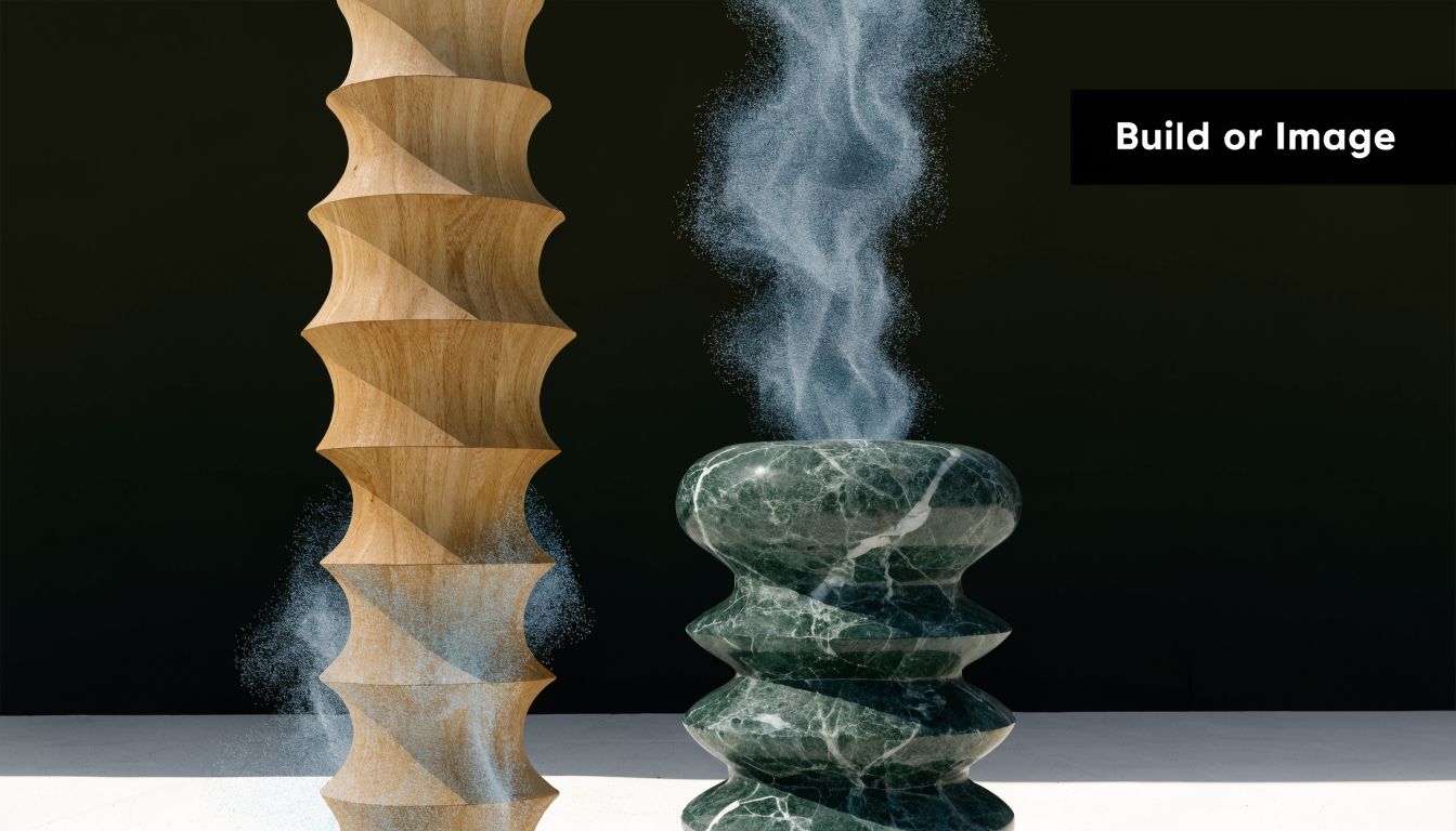 A digital art composition featuring a tall wooden column and a green marble vase with ethereal particles.