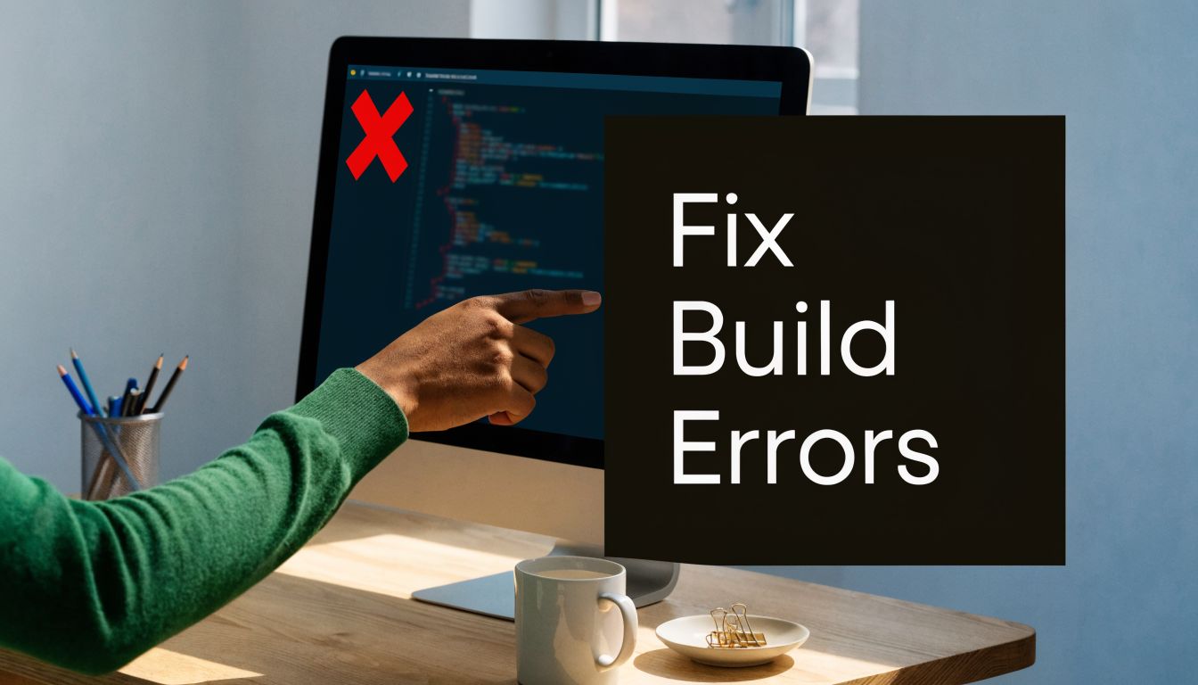 A person pointing at a computer monitor with code displayed to troubleshoot and fix build errors.