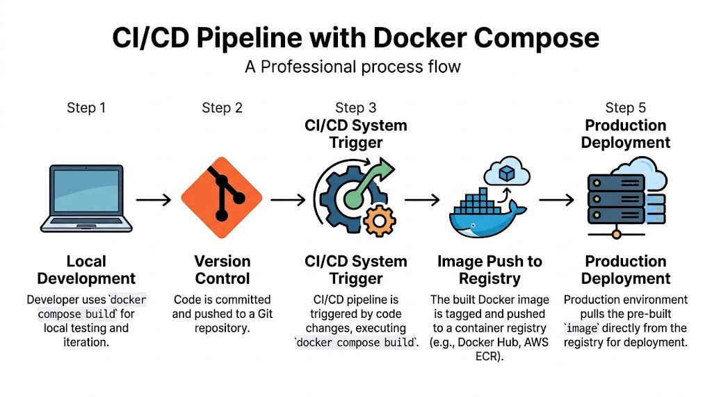 A professional process flow diagram illustrating the CI/CD pipeline steps using Docker Compose for software deployment.
