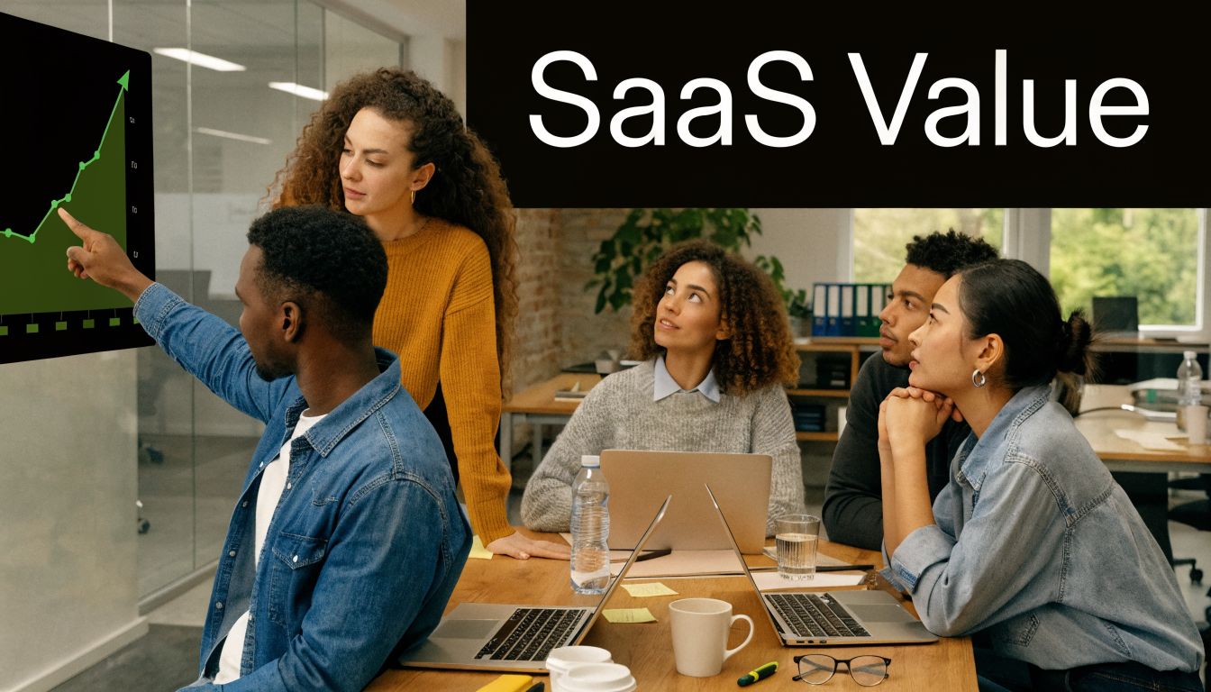 A diverse team of professionals collaborating in an office while reviewing a positive business growth chart.