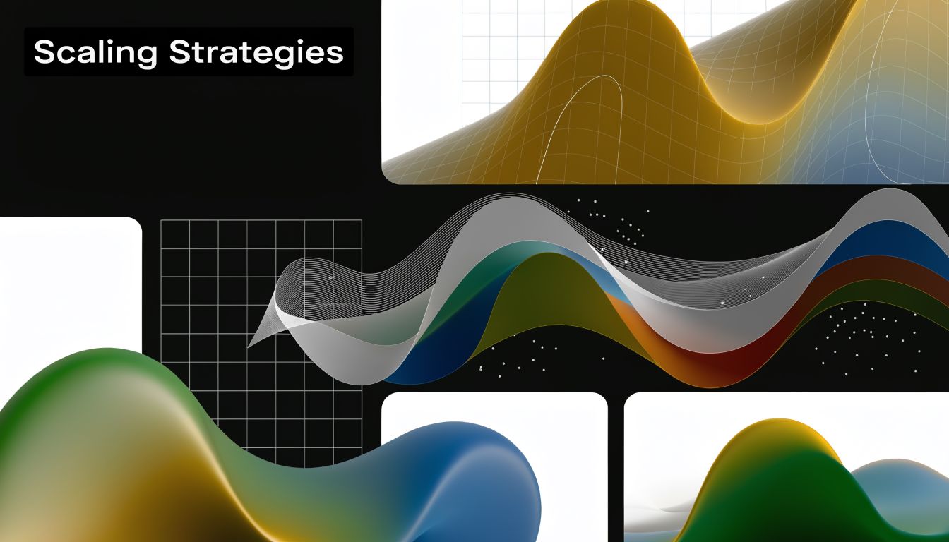 Abstract visualization of scaling strategies featuring fluid wave gradients, digital grid patterns, and modern data flow aesthetics.