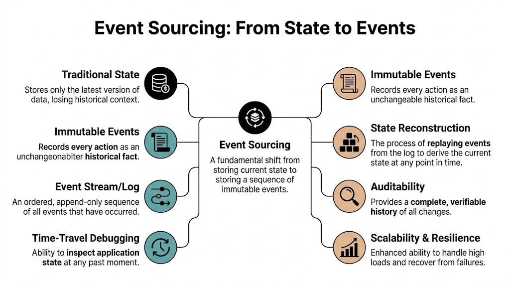 A diagram explaining the concept of Event Sourcing, comparing traditional state storage with immutable event logs.
