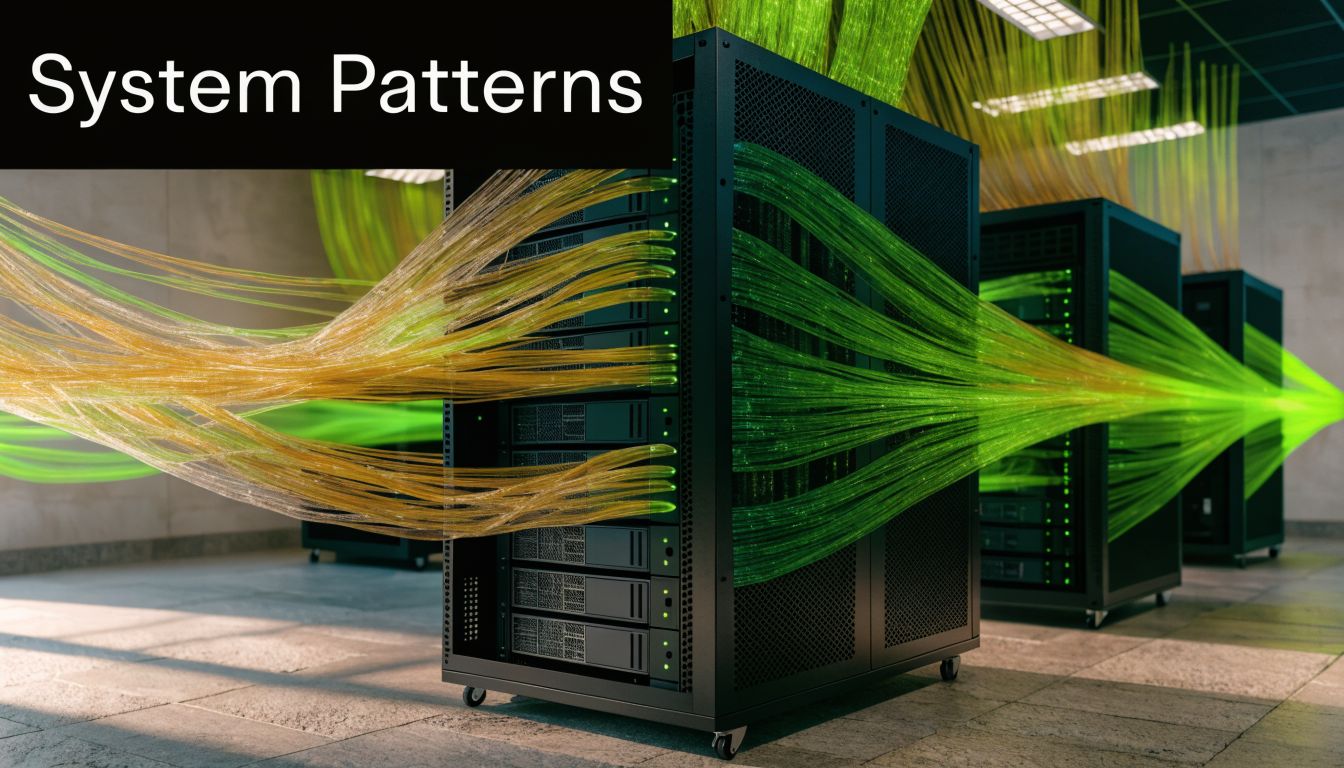 A modern server rack in a data center with flowing digital cables and System Patterns text overlay.