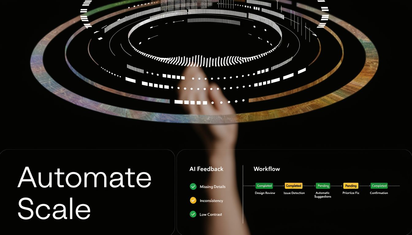 A digital interface showcasing automated design feedback workflows with circular data visualizations and task progress indicators.