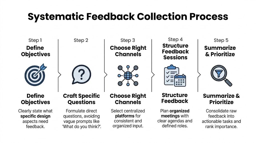 A flowchart infographic titled Systematic Feedback Collection Process, outlining five essential steps for gathering effective design feedback.